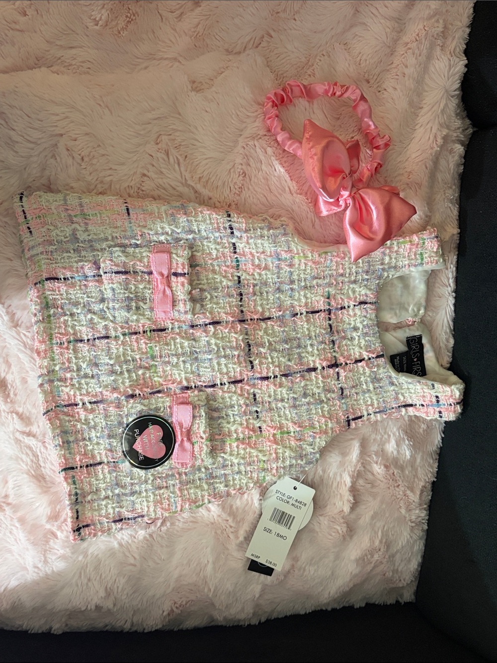 Bonnie Jean Pink Tweed Dress with Satin Bow Headband